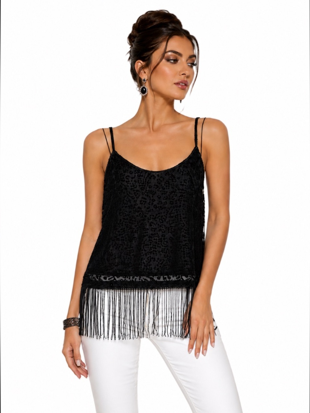 New Look "NEW" Black Burnout Fringe Whimsigoth Witchy Cami Top Size US 10